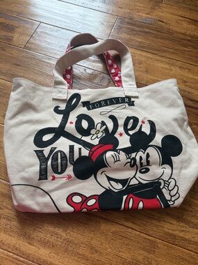 Disney Canvas Tote Bag in Cream with Black & Red Minnie & Mickey Design